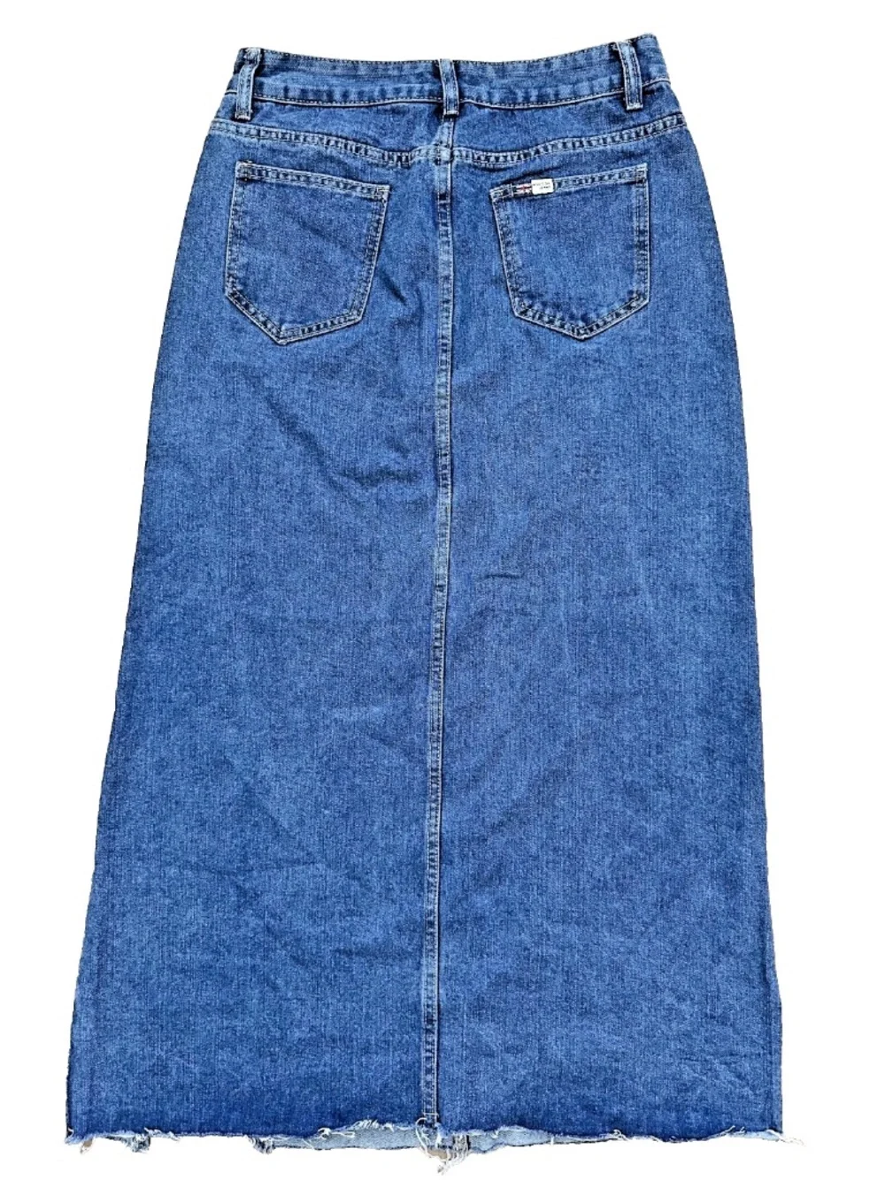 Women's Medium Wash Denim Maxi Skirt | Frayed Hem High Side Slit Preloved